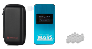 Alkomat Mars Elite, aluminiowa obudowa, łączoność Bluetooth, akumulator, ładowarka, 2 lata gwarancji, do 4 promili, gratis 10 ustników